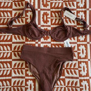 Ochre Lane Ribbed Towelling High Waist Bikini Bottoms + Balconette Bra | Cocoa